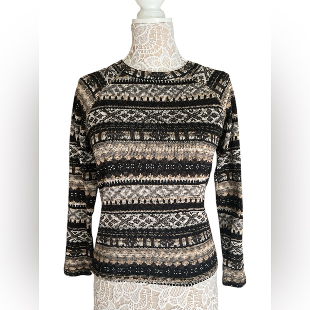 Forever 21 fair isle pattern lightweight Crewneck Sweater Black/Tan Sz:S